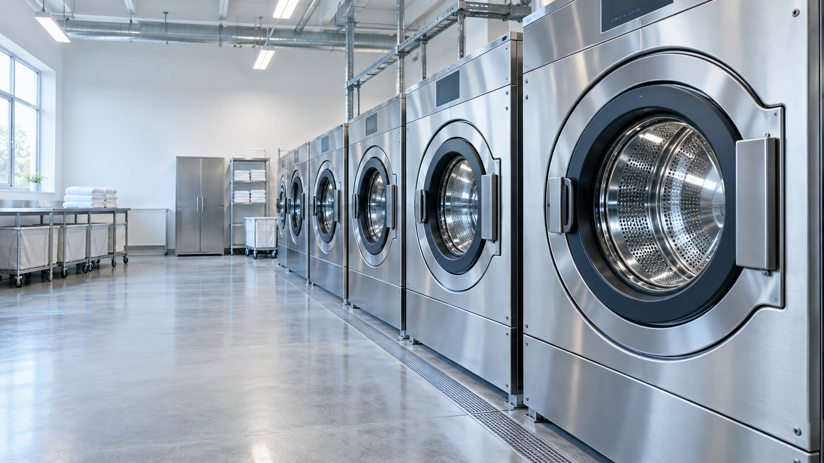 Sfeerbeeld van een professionele wasserij met industriële machines